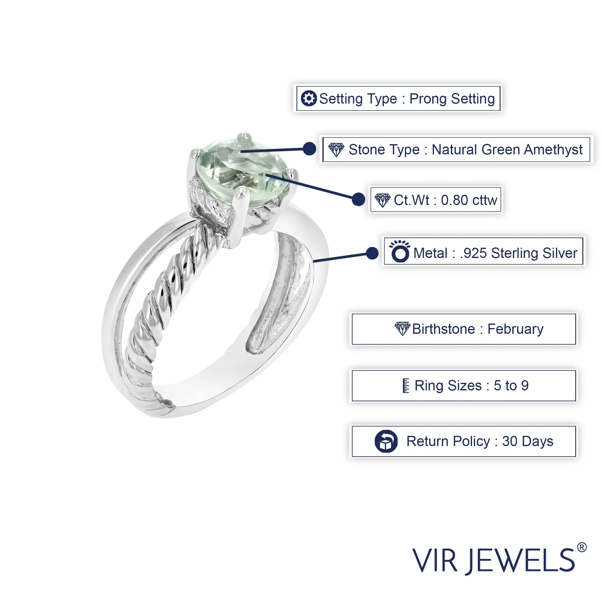 0.80 cttw Green Amethyst Ring .925 Sterling Silver with Rhodium Round Shape 8 MM