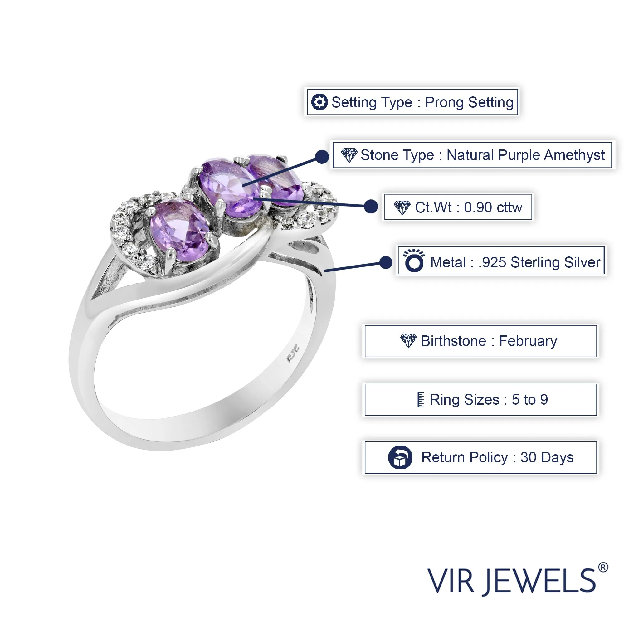 0.90 cttw Purple Amethyst Ring .925 Sterling Silver with Rhodium Oval 6x4 MM