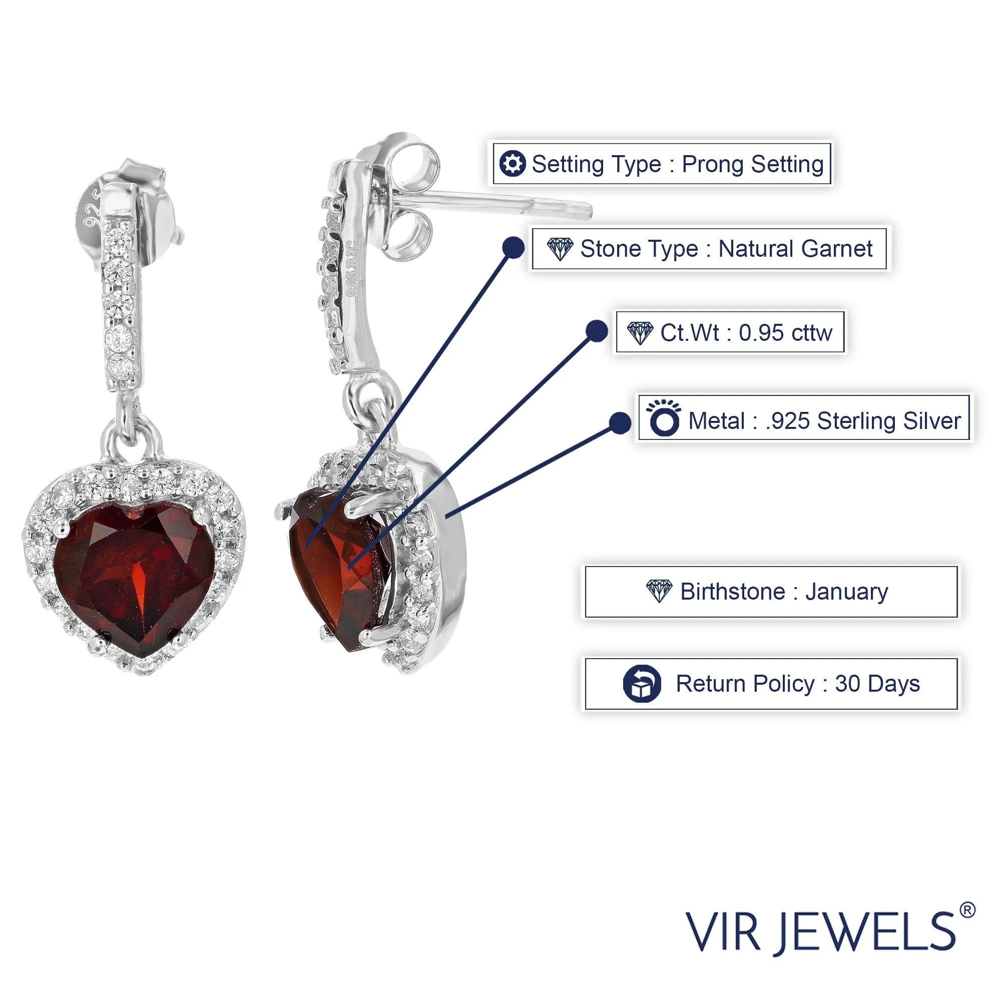 0.95 cttw Garnet Dangle Earrings .925 Sterling Silver With Rhodium 6 MM Heart