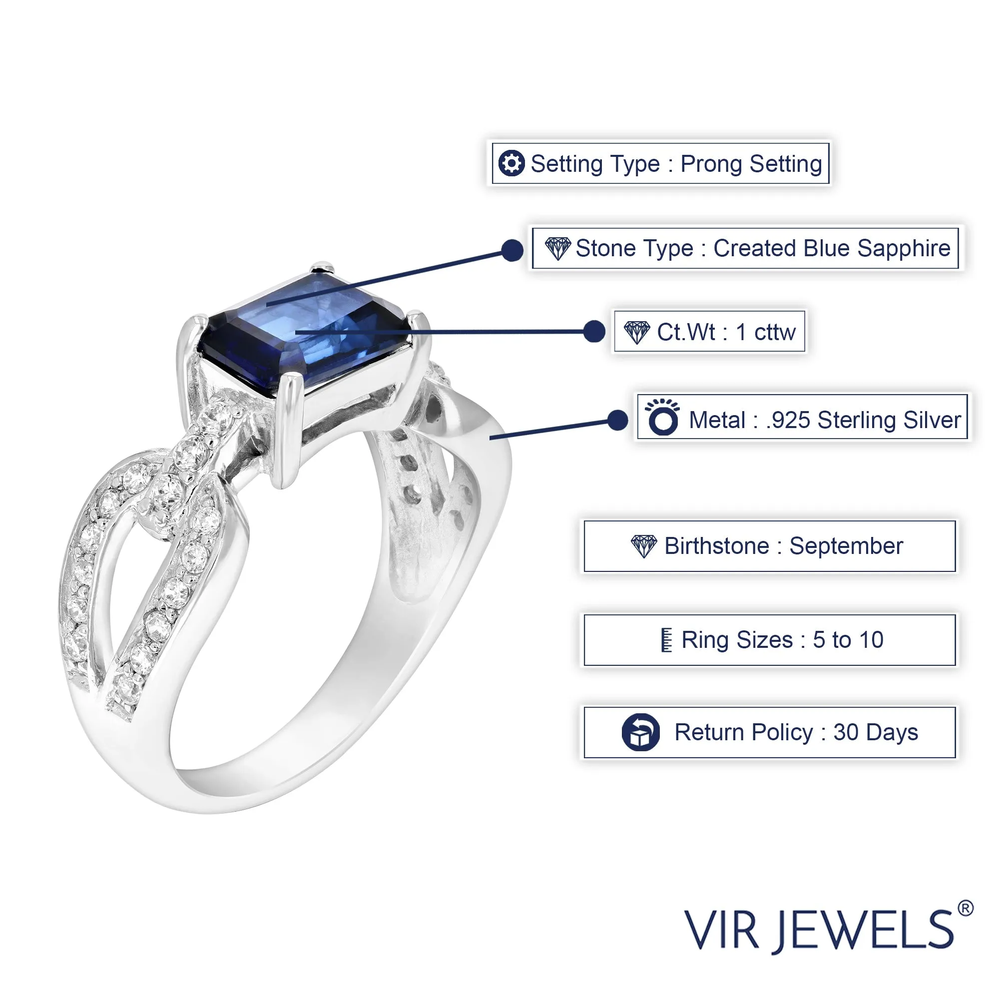 1 cttw Created Blue Sapphire Ring .925 Sterling Silver Emerald 8x6 MM Size 7