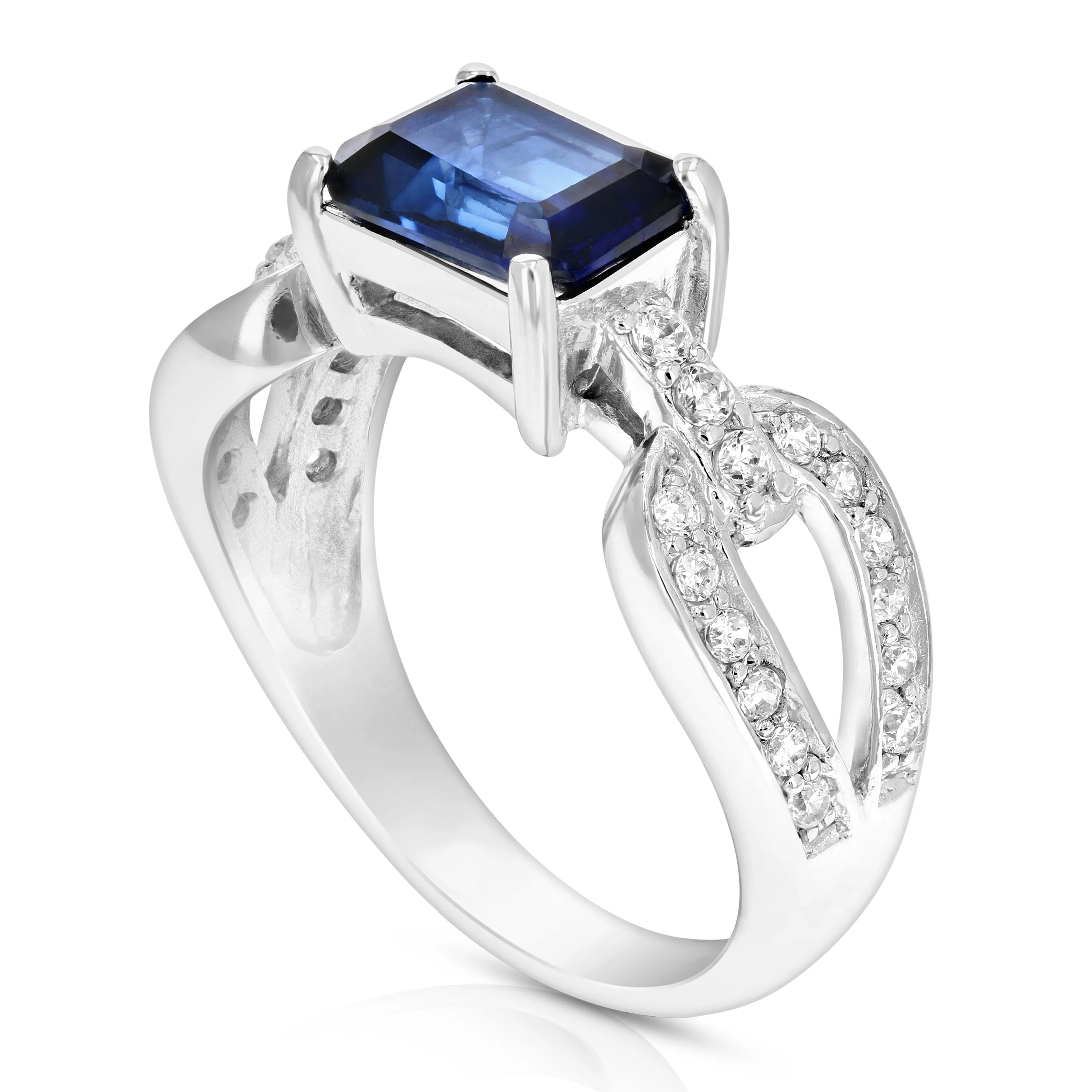 1 cttw Created Blue Sapphire Ring .925 Sterling Silver Emerald 8x6 MM Size 7