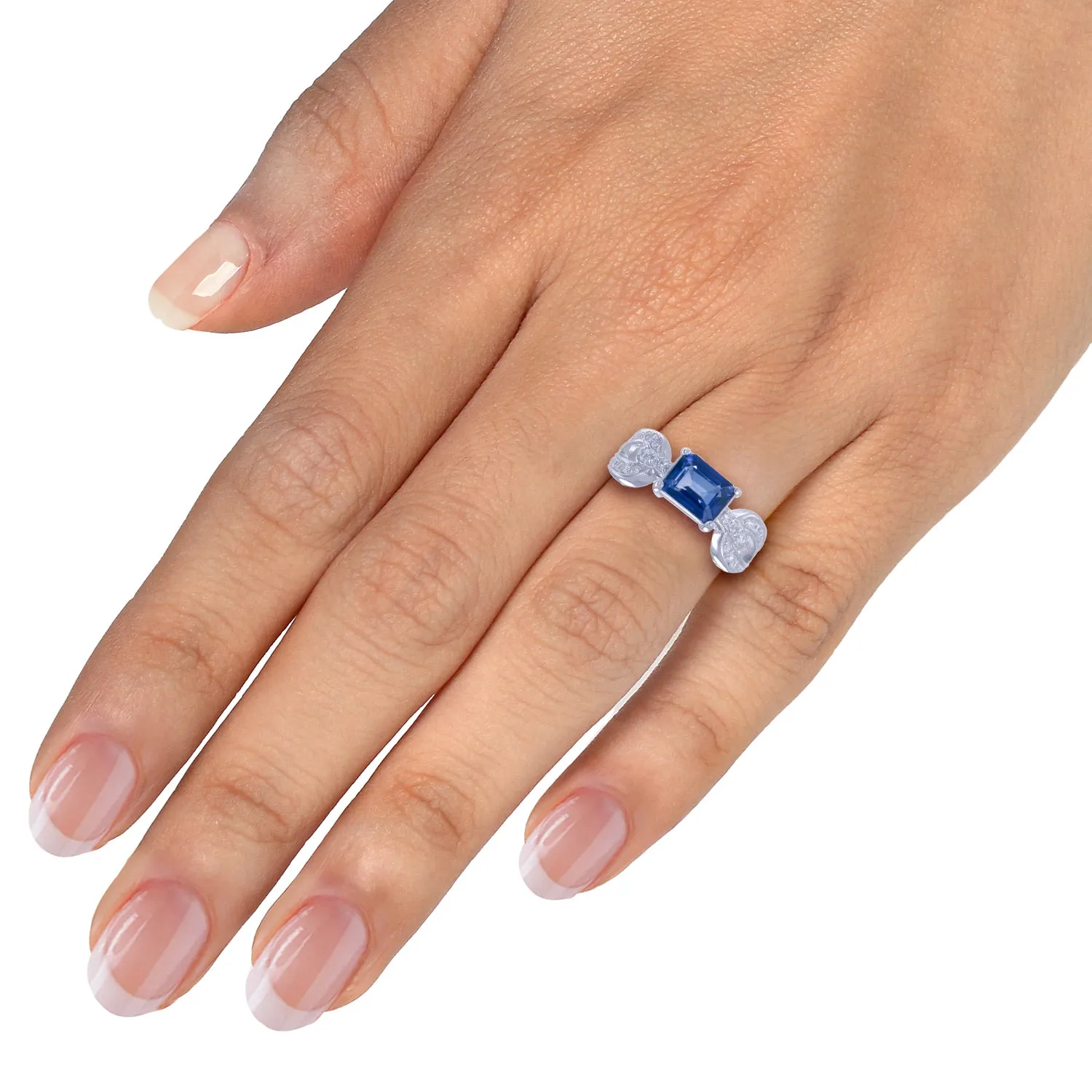 1 cttw Created Blue Sapphire Ring .925 Sterling Silver Emerald 8x6 MM Size 7