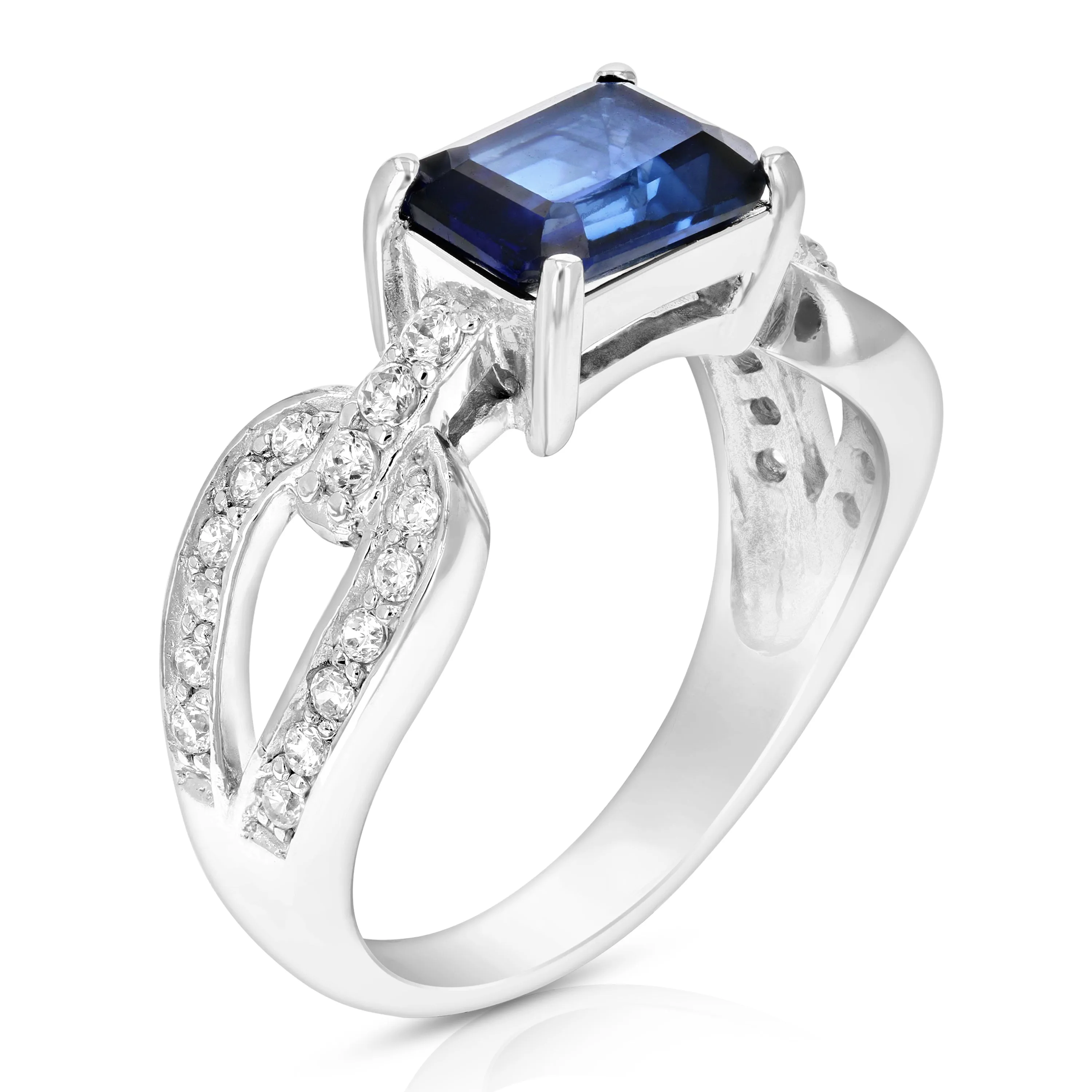 1 cttw Created Blue Sapphire Ring .925 Sterling Silver Emerald 8x6 MM Size 7