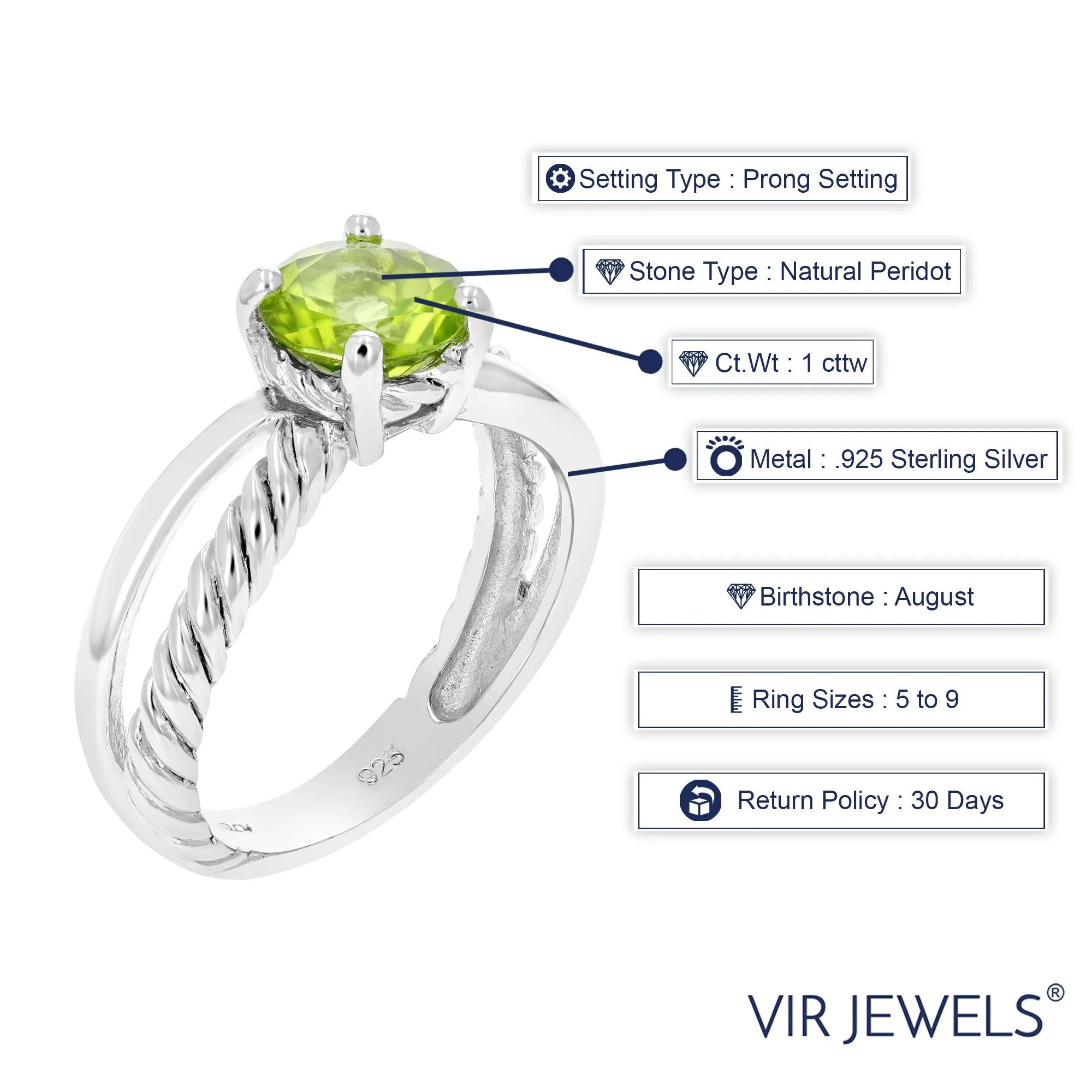 1 cttw Peridot Ring .925 Sterling Silver with Rhodium Plating Round Shape 7 MM