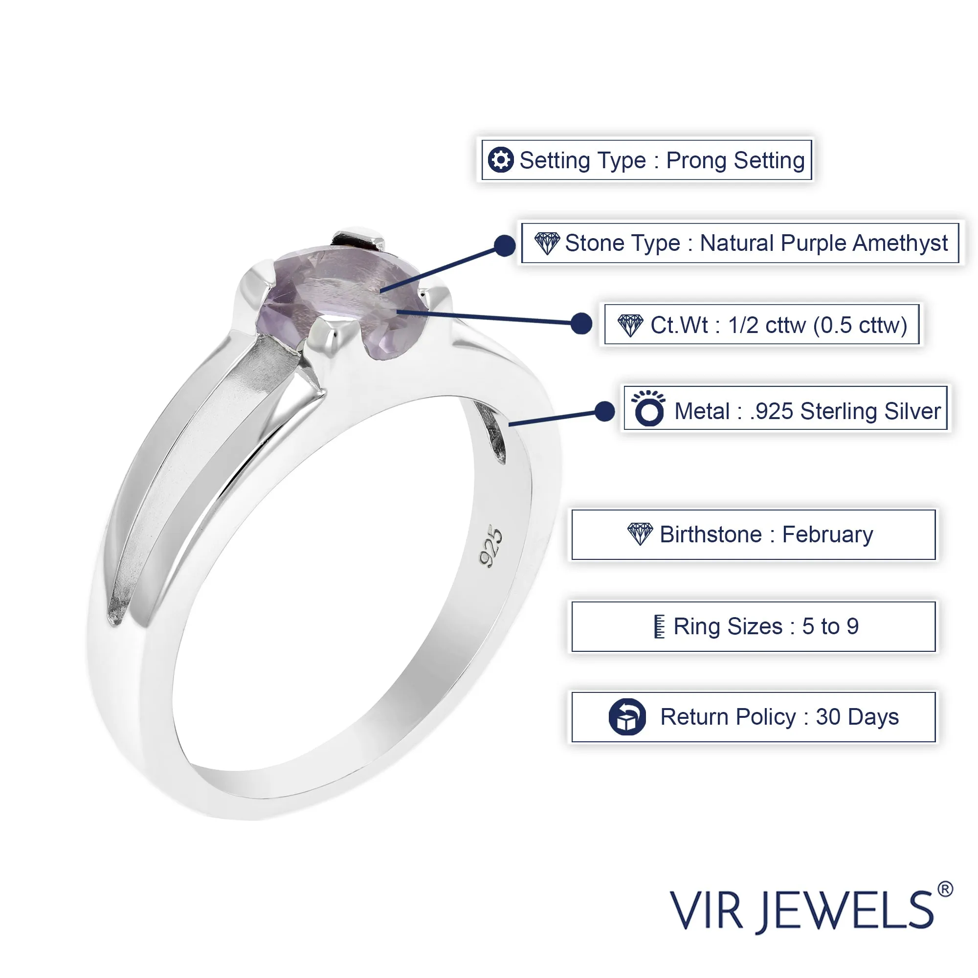 1/2 cttw Purple Amethyst Ring .925 Sterling Silver with Rhodium Round Shape 6 MM