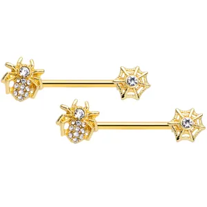 14 Gauge 5/8 Clear Gem Gold Tone Spider Web Barbell Nipple Ring Set