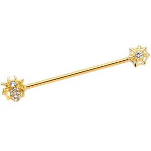 14 Gauge Clear Gem Gold Tone Spider Halloween Industrial Barbell 38mm