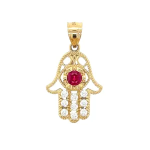 14K Gold Hamsa Pendant With Colored Stone