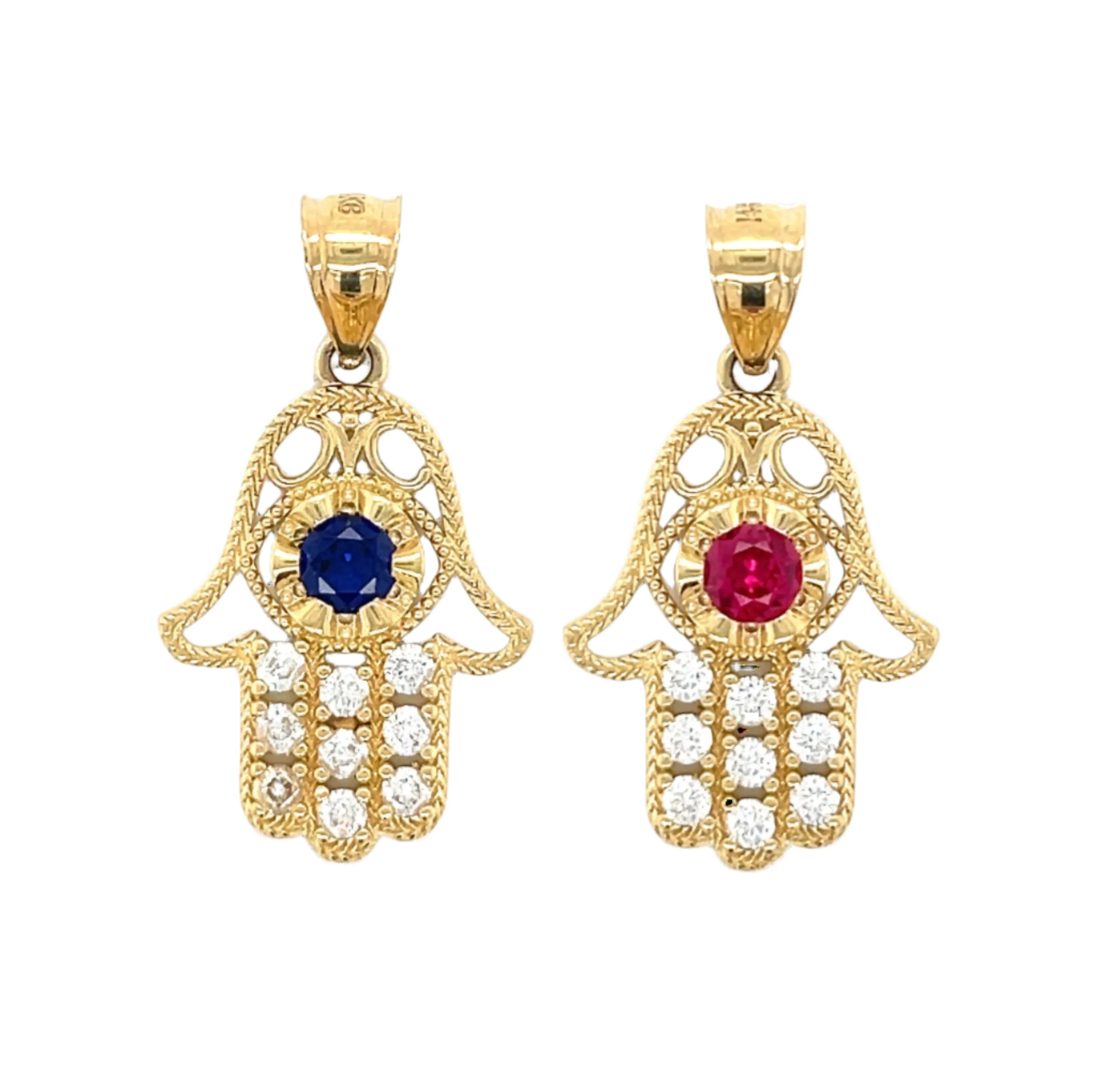 14K Gold Hamsa Pendant With Colored Stone