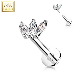 14K Solid Gold Threadless CZ Marquise Top Labret Flat Back Stud