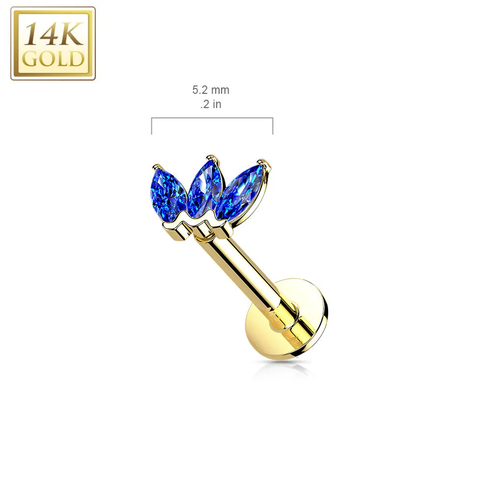 14K Solid Gold Threadless CZ Marquise Top Labret Flat Back Stud