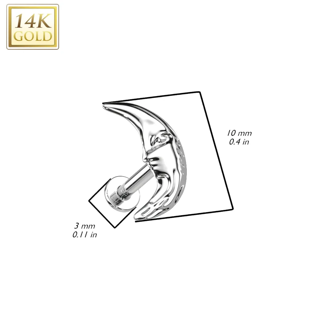 14K Solid Gold Threadless Labret With Crescent Moon Top