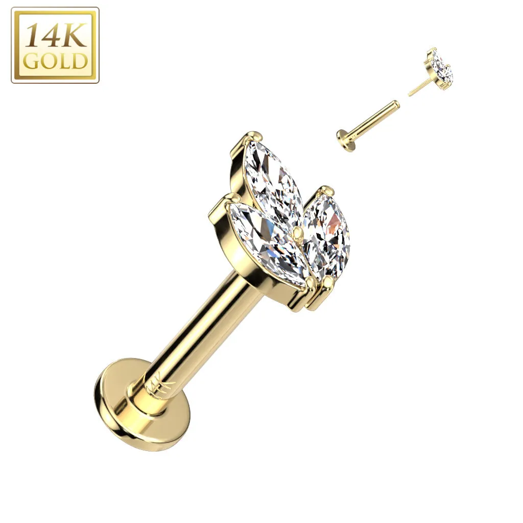 14K Solid Gold Threadless Labret With Marquise CZ Leaf Top