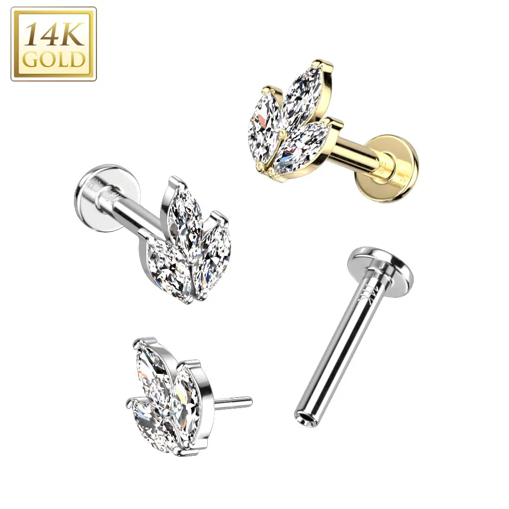 14K Solid Gold Threadless Labret With Marquise CZ Leaf Top