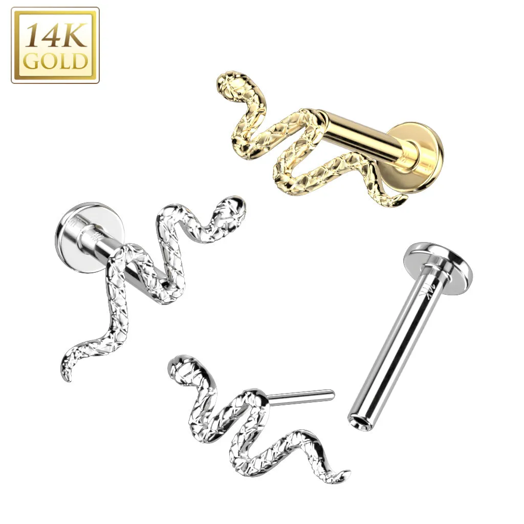 14K Solid Gold Threadless Labret With Snake Top