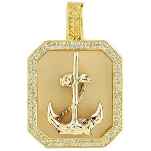 14K Yellow Solid Gold Mens Diamond Custom Made Anchor Dog Tag Pendant 1.50 Ctw