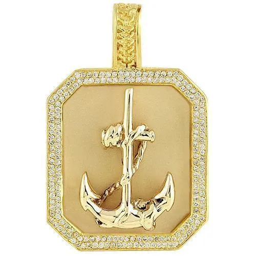 14K Yellow Solid Gold Mens Diamond Custom Made Anchor Dog Tag Pendant 1.50 Ctw