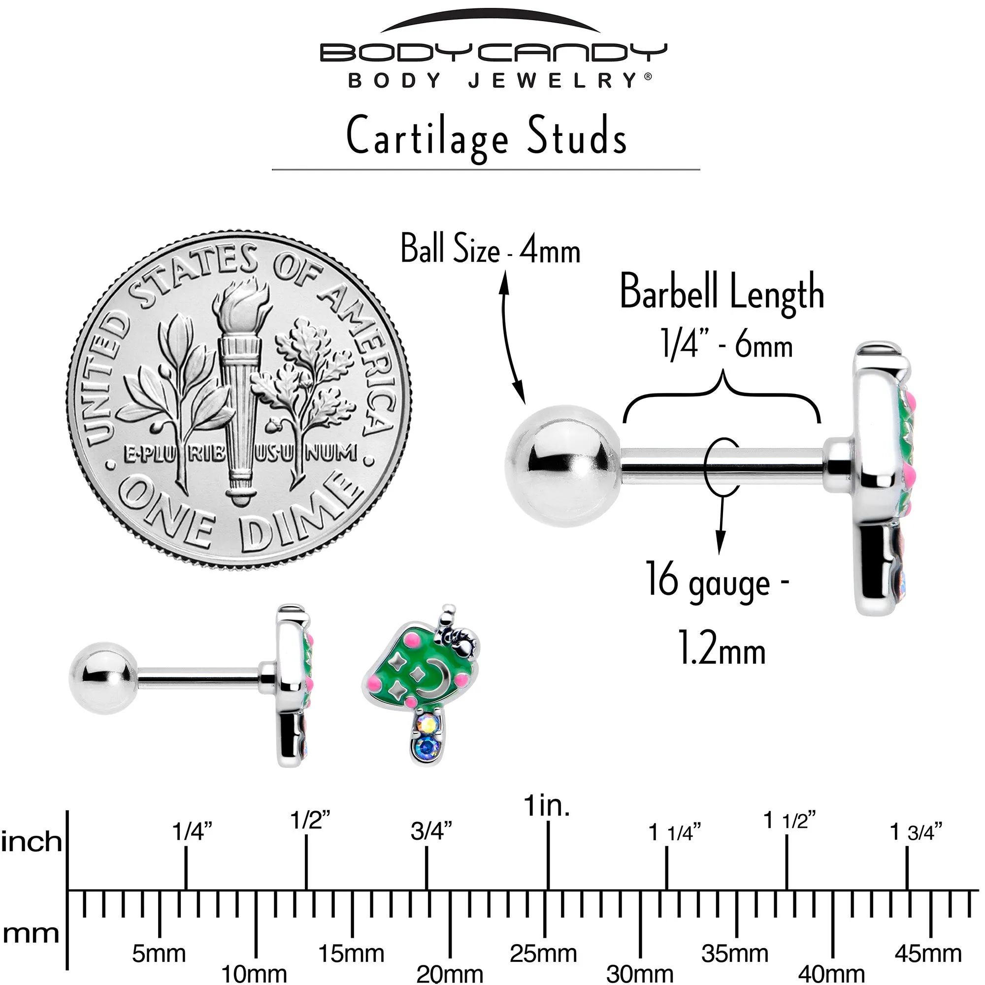 16 Gauge 1/4 Aurora Gem Fanciful Green Mushroom Cartilage Tragus Earring