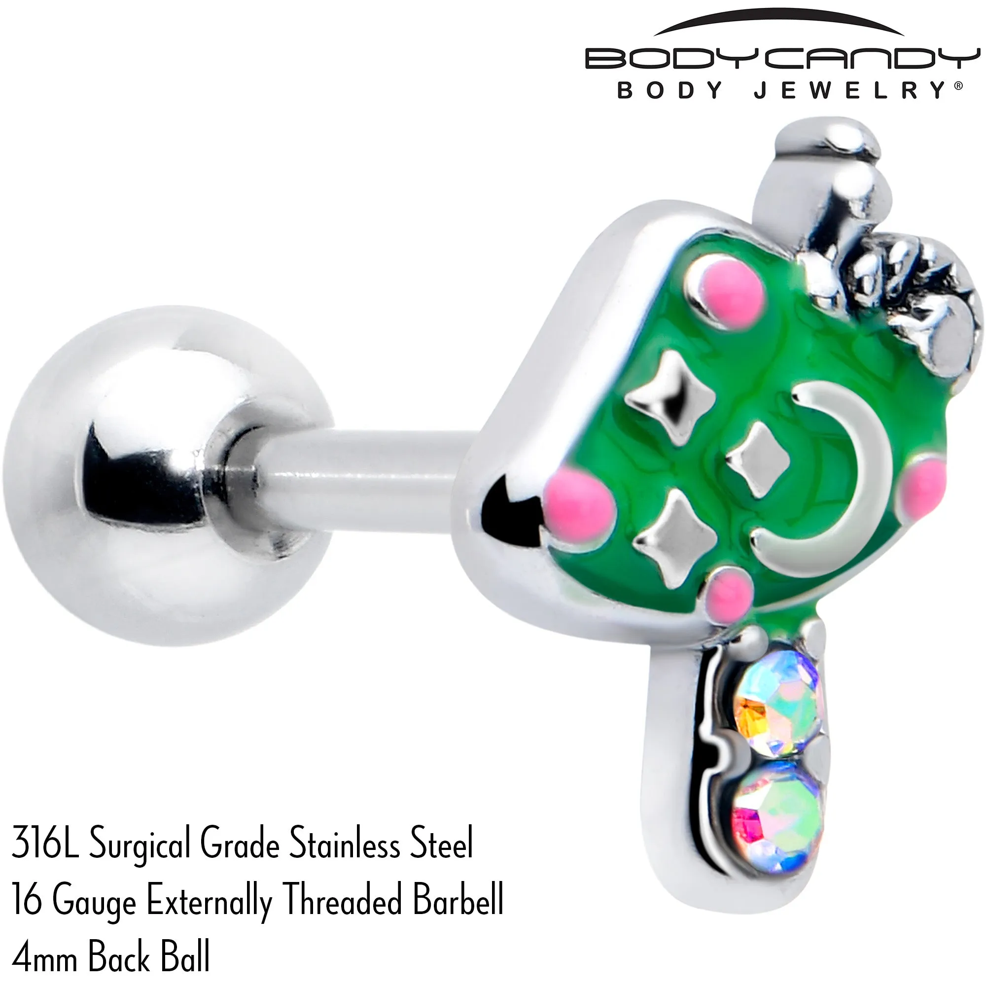 16 Gauge 1/4 Aurora Gem Fanciful Green Mushroom Cartilage Tragus Earring