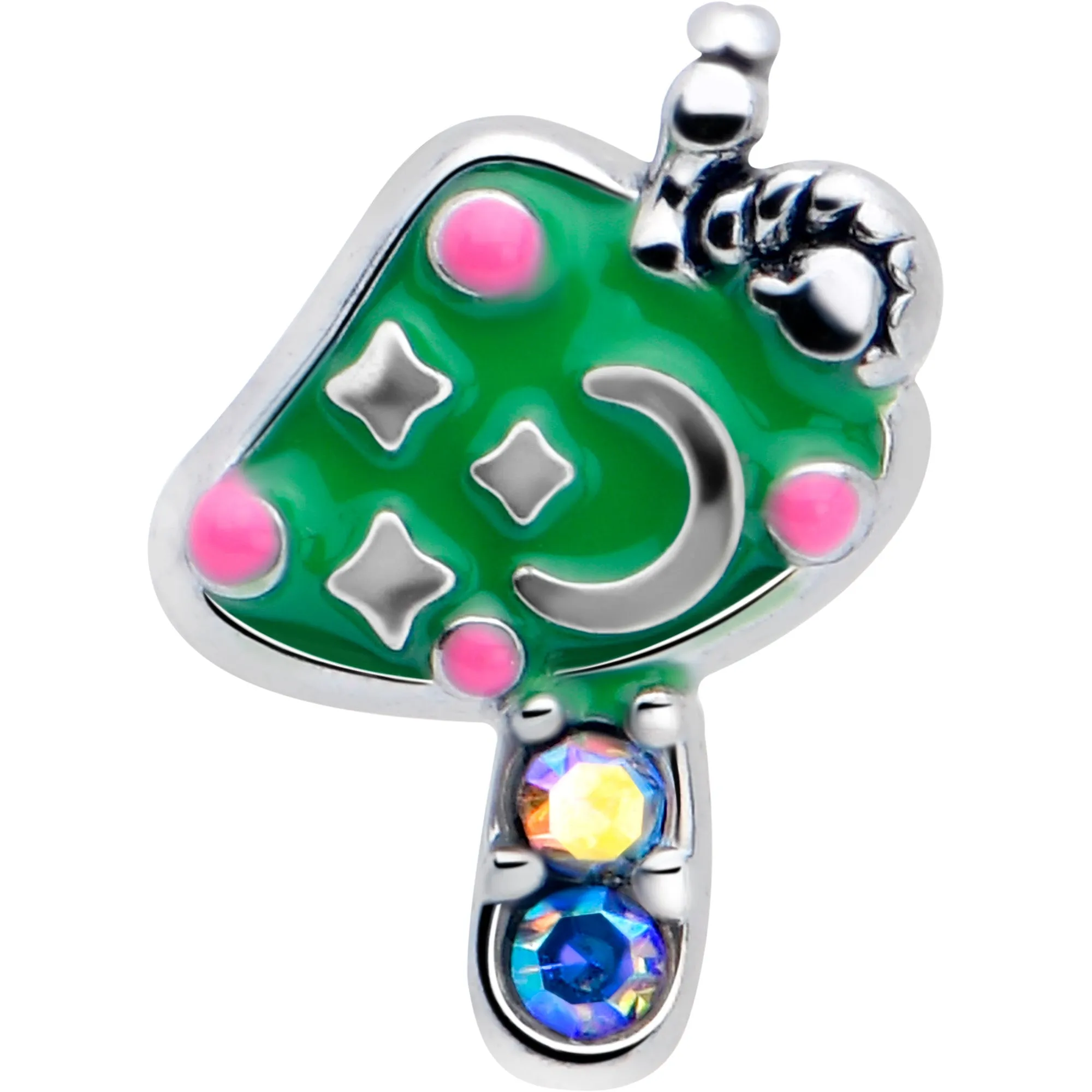16 Gauge 1/4 Aurora Gem Fanciful Green Mushroom Cartilage Tragus Earring