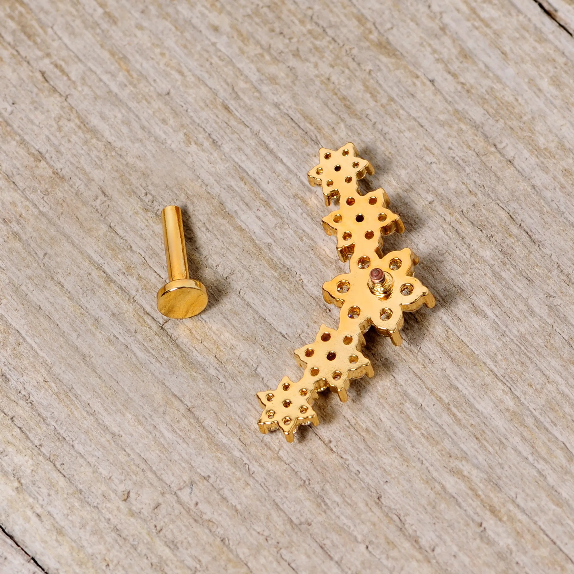 16 Gauge 1/4 Clear CZ Gem Gold Tone Floral Internal Thread Labret