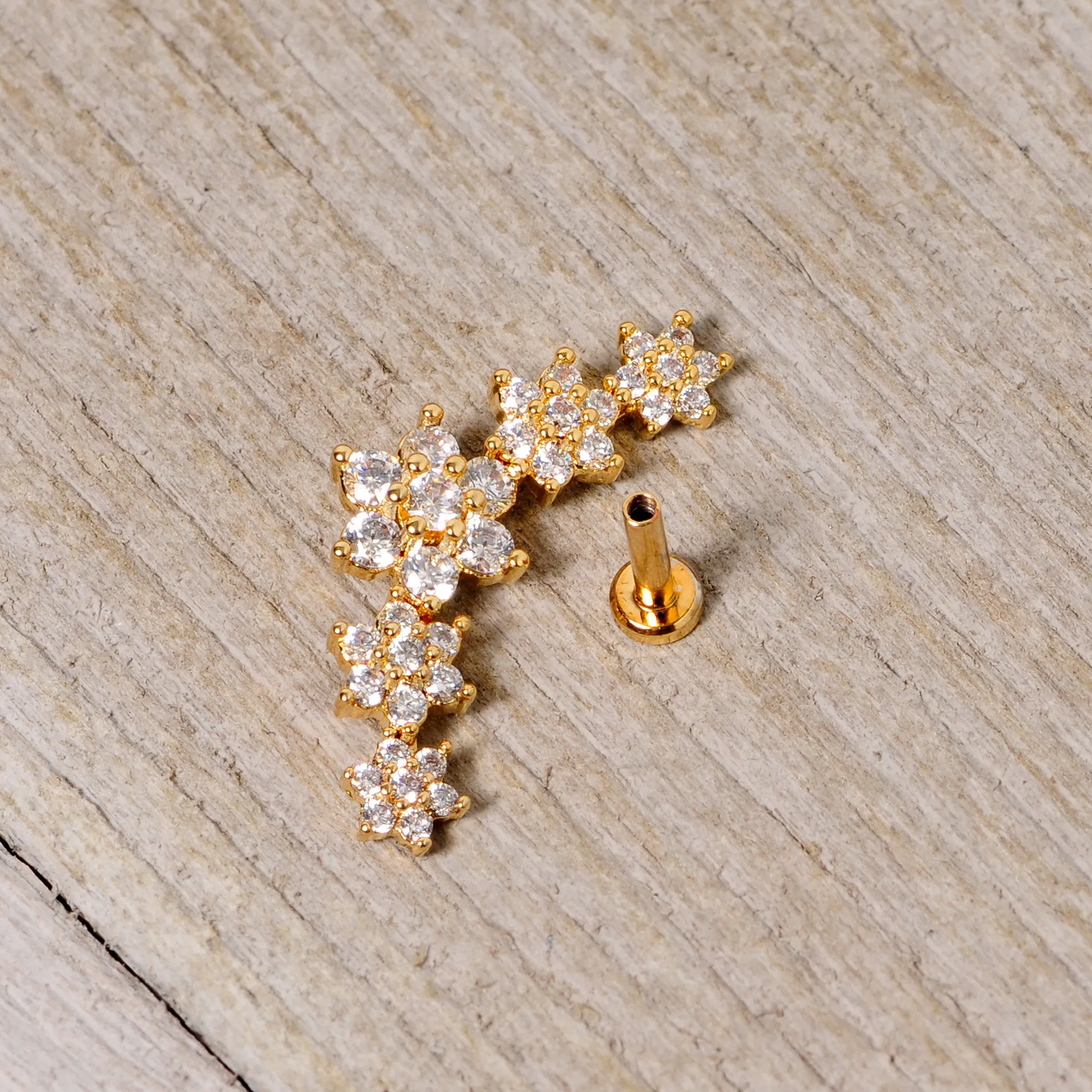 16 Gauge 1/4 Clear CZ Gem Gold Tone Floral Internal Thread Labret