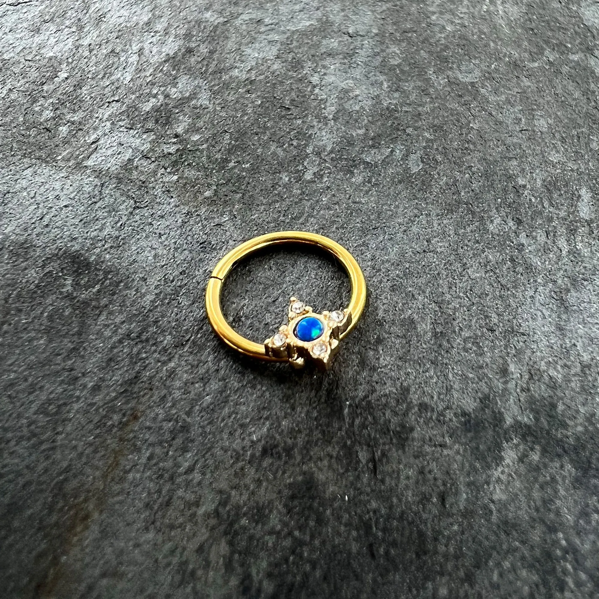 16 Gauge 3/8 Blue Synthetic Opal Gold Hue Rhombus Hinged Segment Ring