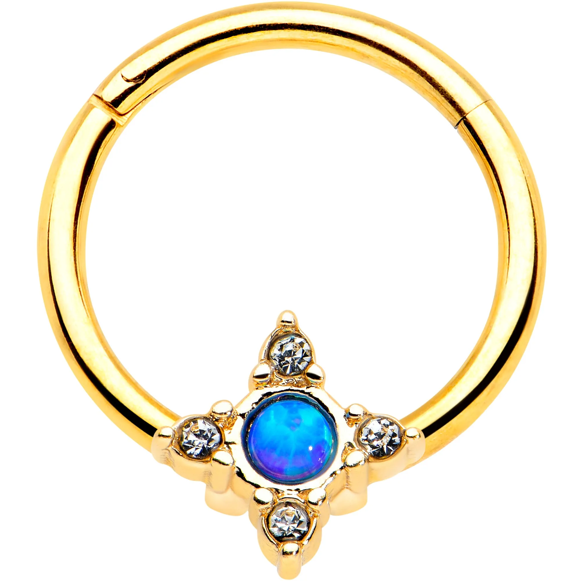 16 Gauge 3/8 Blue Synthetic Opal Gold Hue Rhombus Hinged Segment Ring