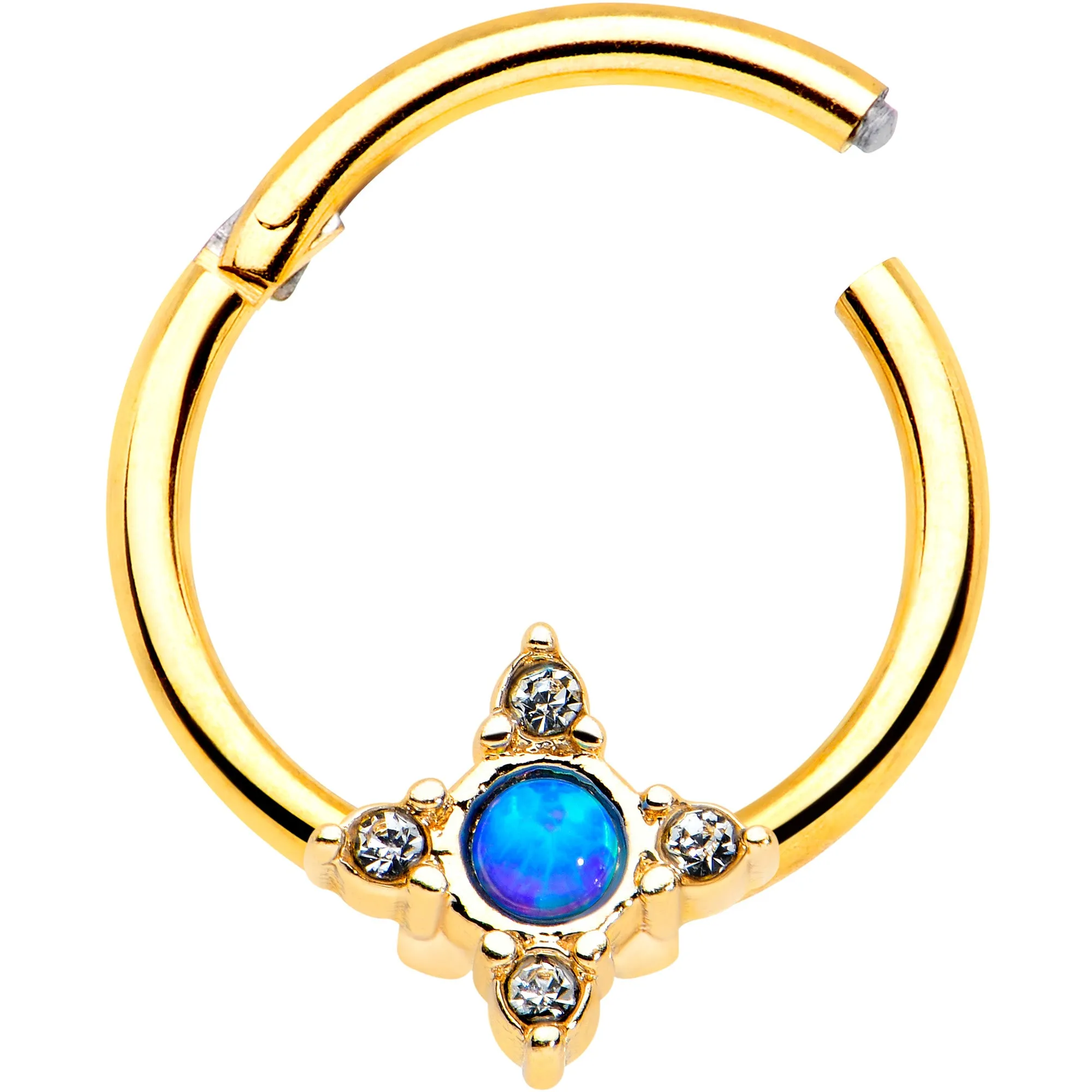 16 Gauge 3/8 Blue Synthetic Opal Gold Hue Rhombus Hinged Segment Ring