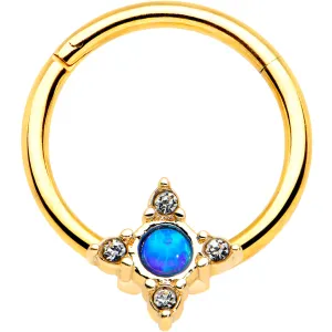 16 Gauge 3/8 Blue Synthetic Opal Gold Hue Rhombus Hinged Segment Ring