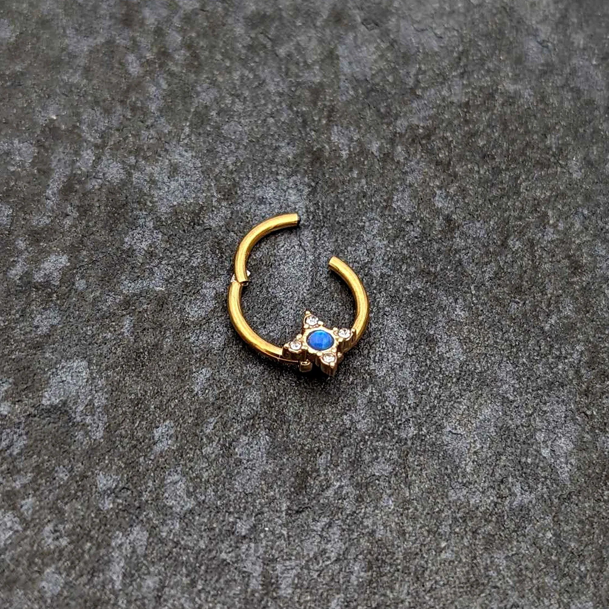 16 Gauge 3/8 Blue Synthetic Opal Gold Hue Rhombus Hinged Segment Ring