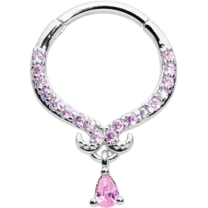16 Gauge 3/8 Pink CZ Gem Elegant Curves Dangle Hinged Segment Ring