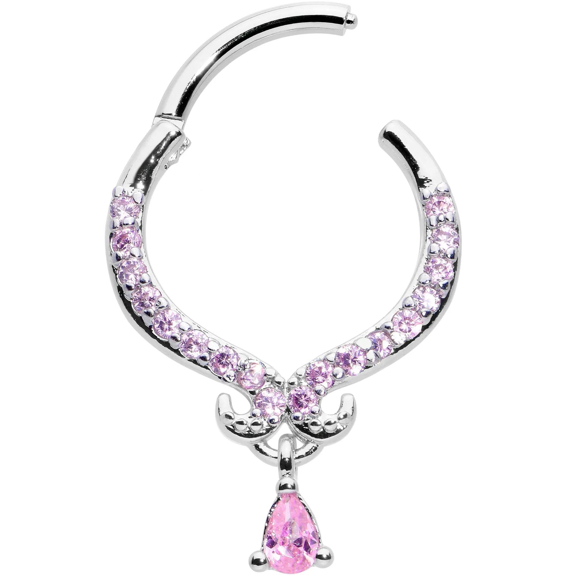 16 Gauge 3/8 Pink CZ Gem Elegant Curves Dangle Hinged Segment Ring