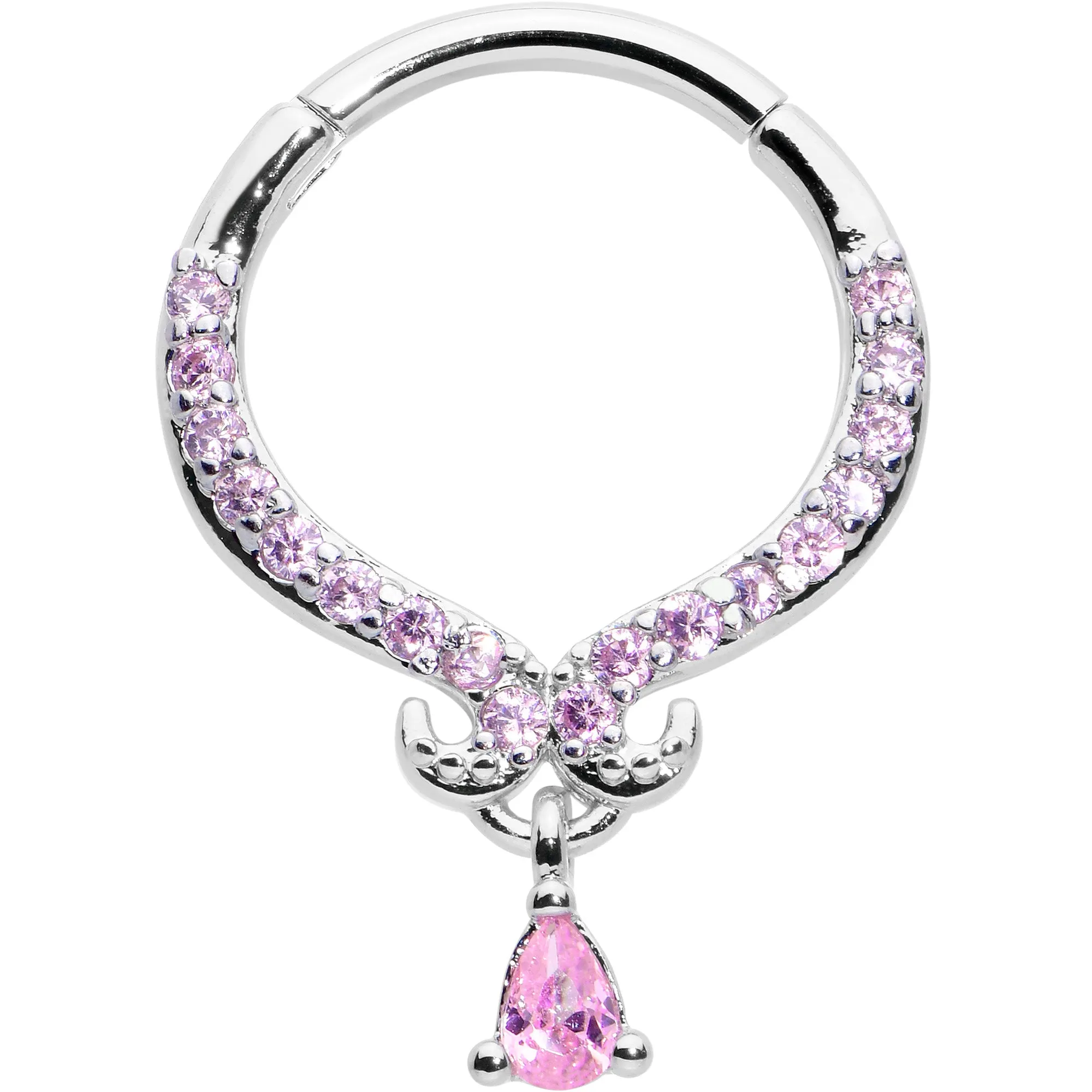 16 Gauge 3/8 Pink CZ Gem Elegant Curves Dangle Hinged Segment Ring