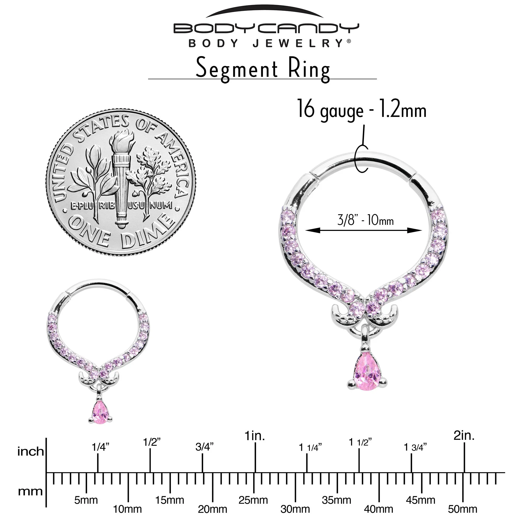16 Gauge 3/8 Pink CZ Gem Elegant Curves Dangle Hinged Segment Ring
