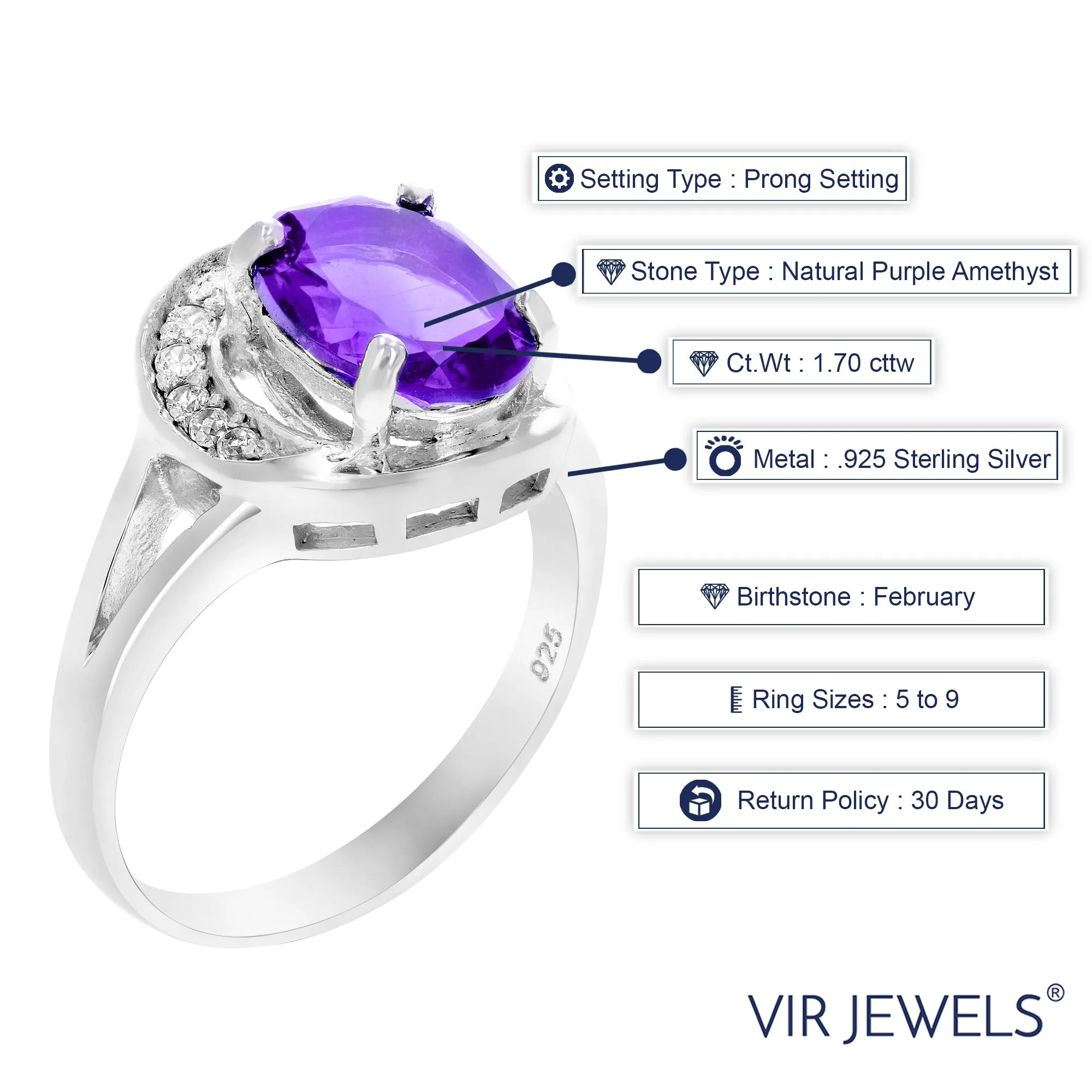 1.70 cttw Purple Amethyst Ring .925 Sterling Silver Rhodium Halo Oval 9x7 MM