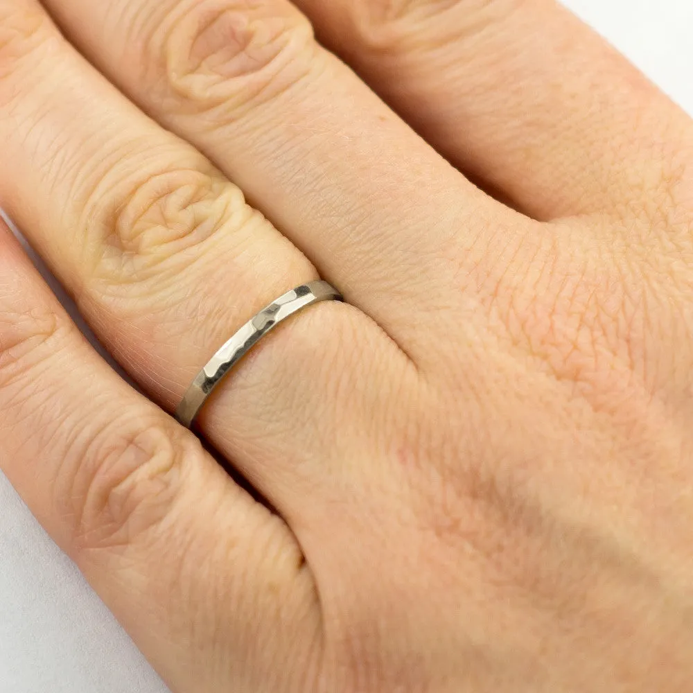 1.7mm Square 14k White Gold Wedding Band, Hammered Polished