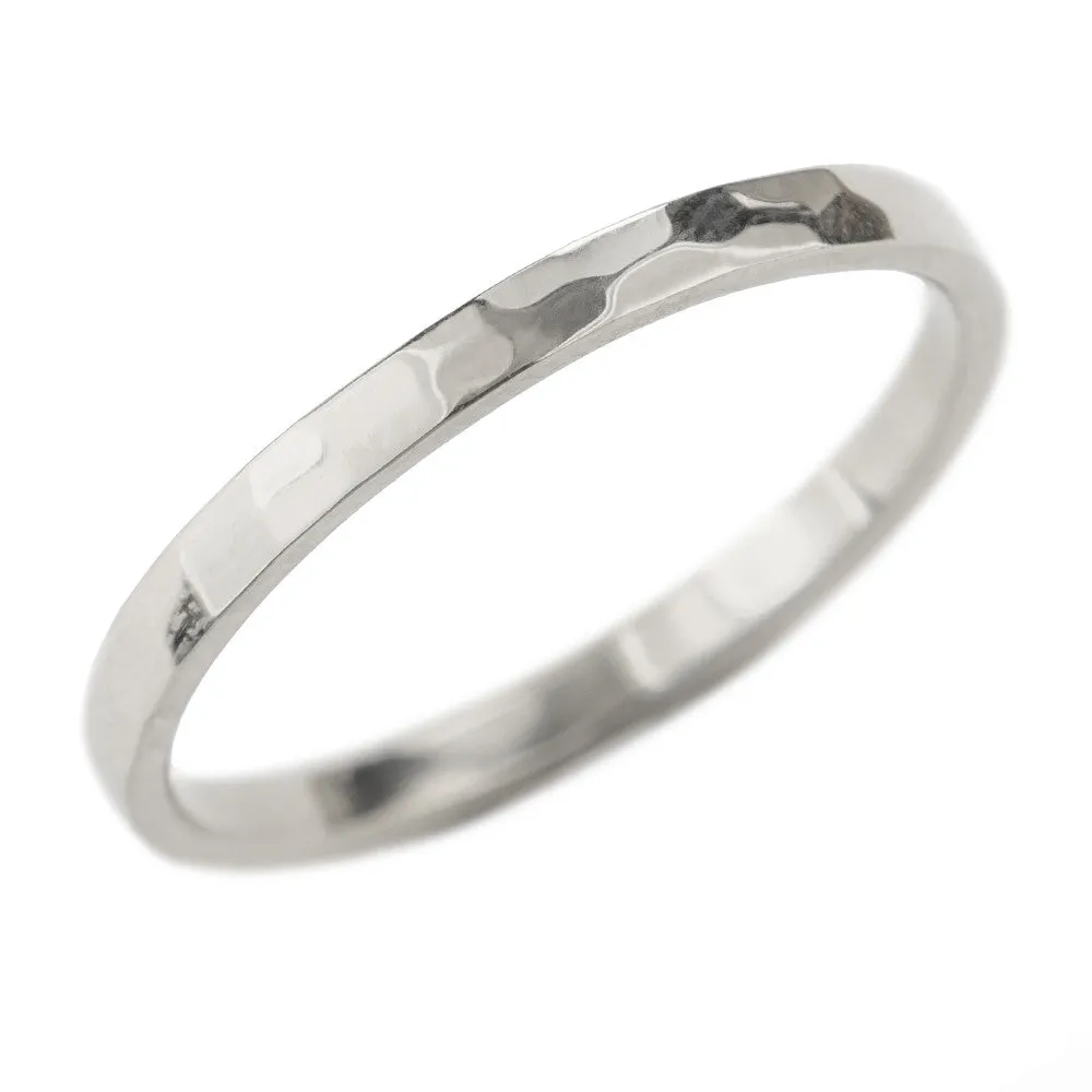 1.7mm Square 14k White Gold Wedding Band, Hammered Polished