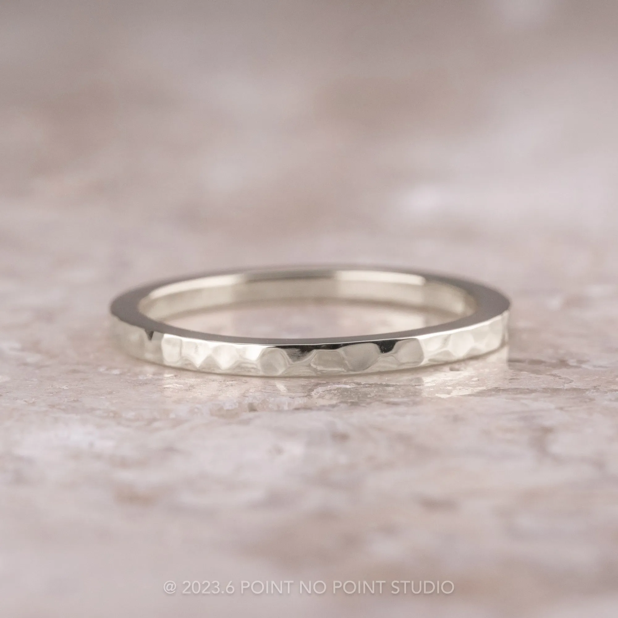 1.7mm Square 14k White Gold Wedding Band, Hammered Polished