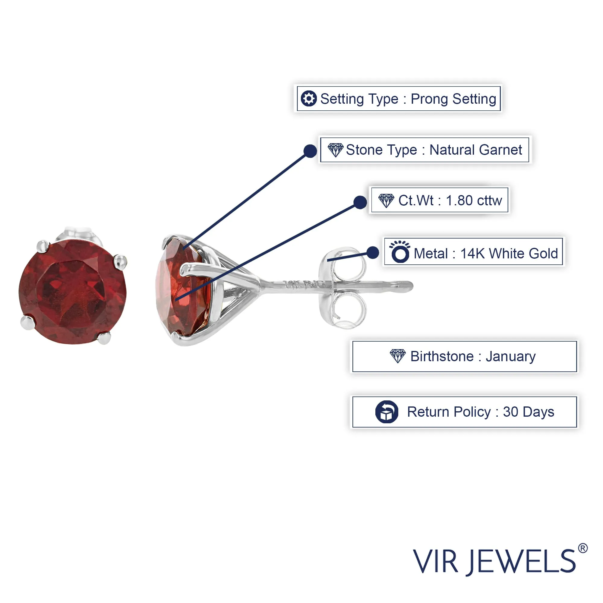 1.80 cttw 6 MM Garnet Stud Earrings 14K White Gold Round Cut January Birthstone