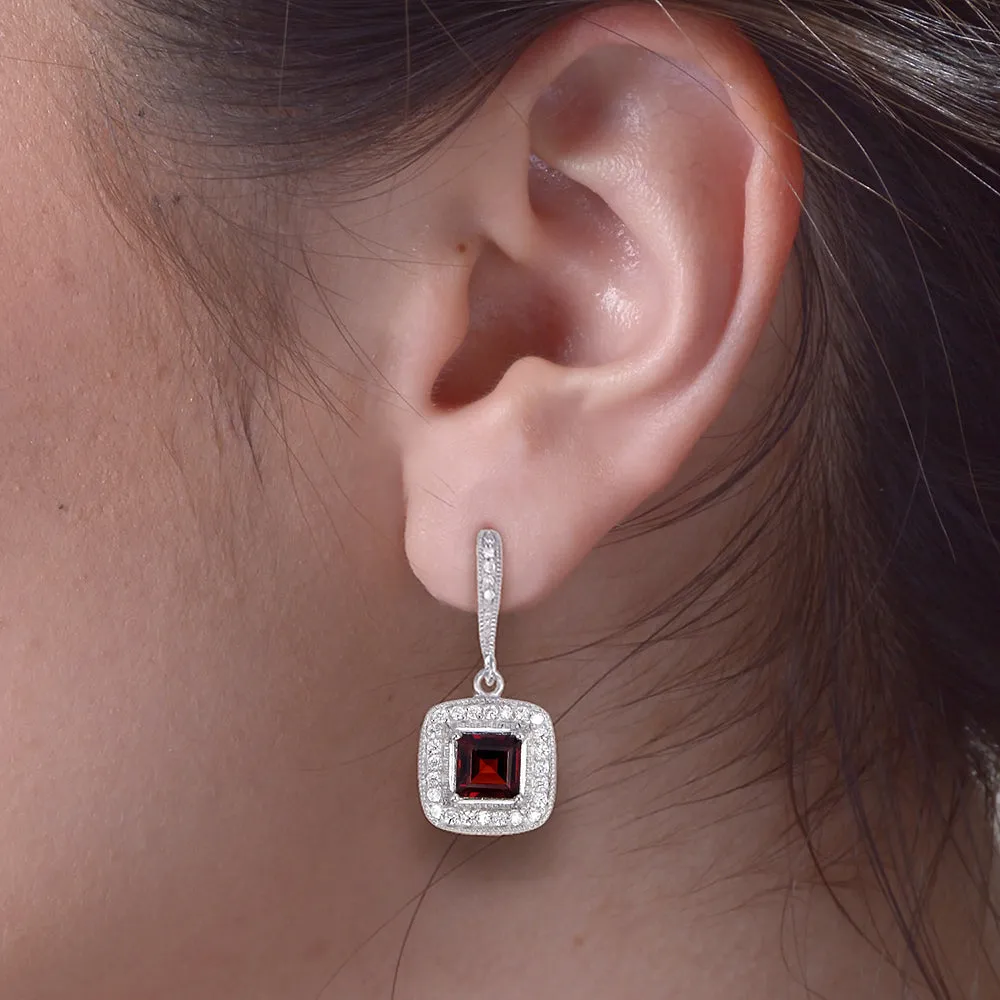 1.80 cttw Garnet Dangle Earrings .925 Sterling Silver With Rhodium 6 MM Princess