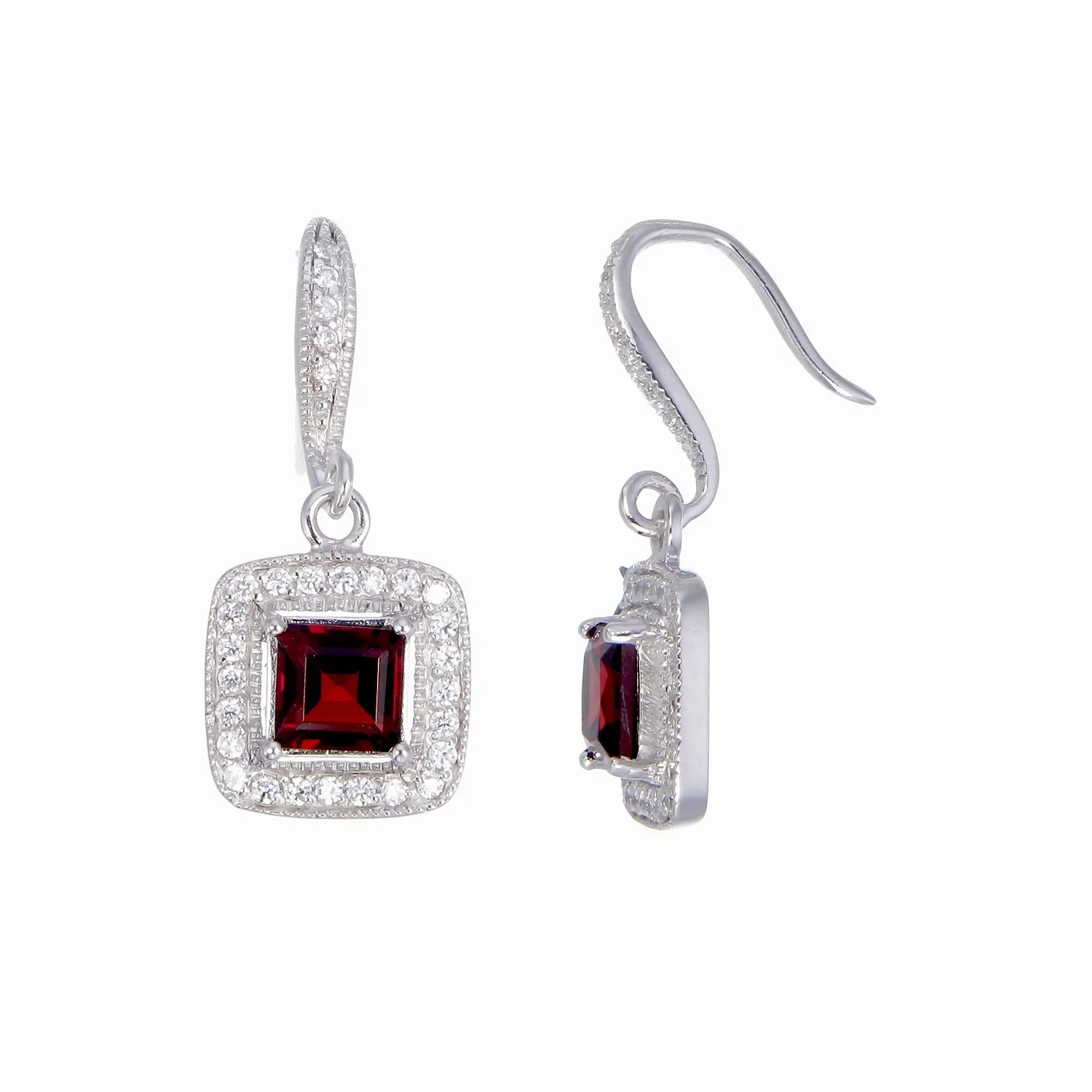 1.80 cttw Garnet Dangle Earrings .925 Sterling Silver With Rhodium 6 MM Princess