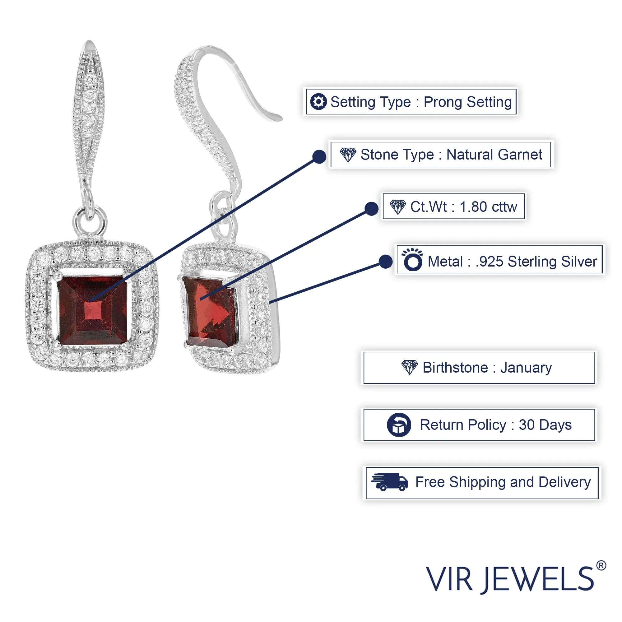 1.80 cttw Garnet Dangle Earrings .925 Sterling Silver With Rhodium 6 MM Princess