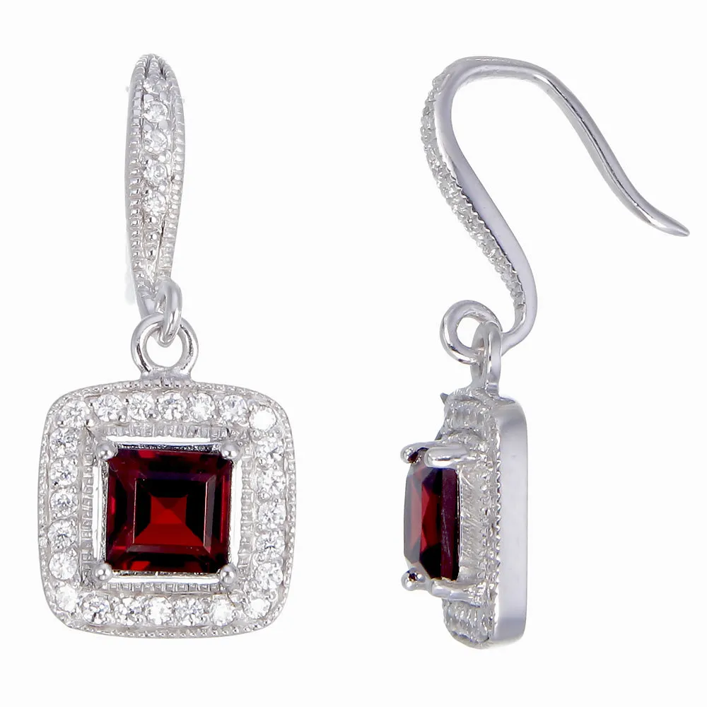 1.80 cttw Garnet Dangle Earrings .925 Sterling Silver With Rhodium 6 MM Princess
