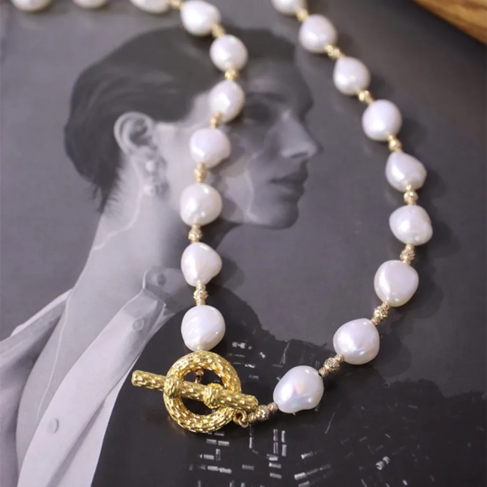 18K Solid Gold Natural Baroque Pearl Bracelet Bead Chain OT Clasp Elegant Jewelry