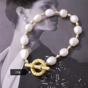 18K Solid Gold Natural Baroque Pearl Bracelet Bead Chain OT Clasp Elegant Jewelry