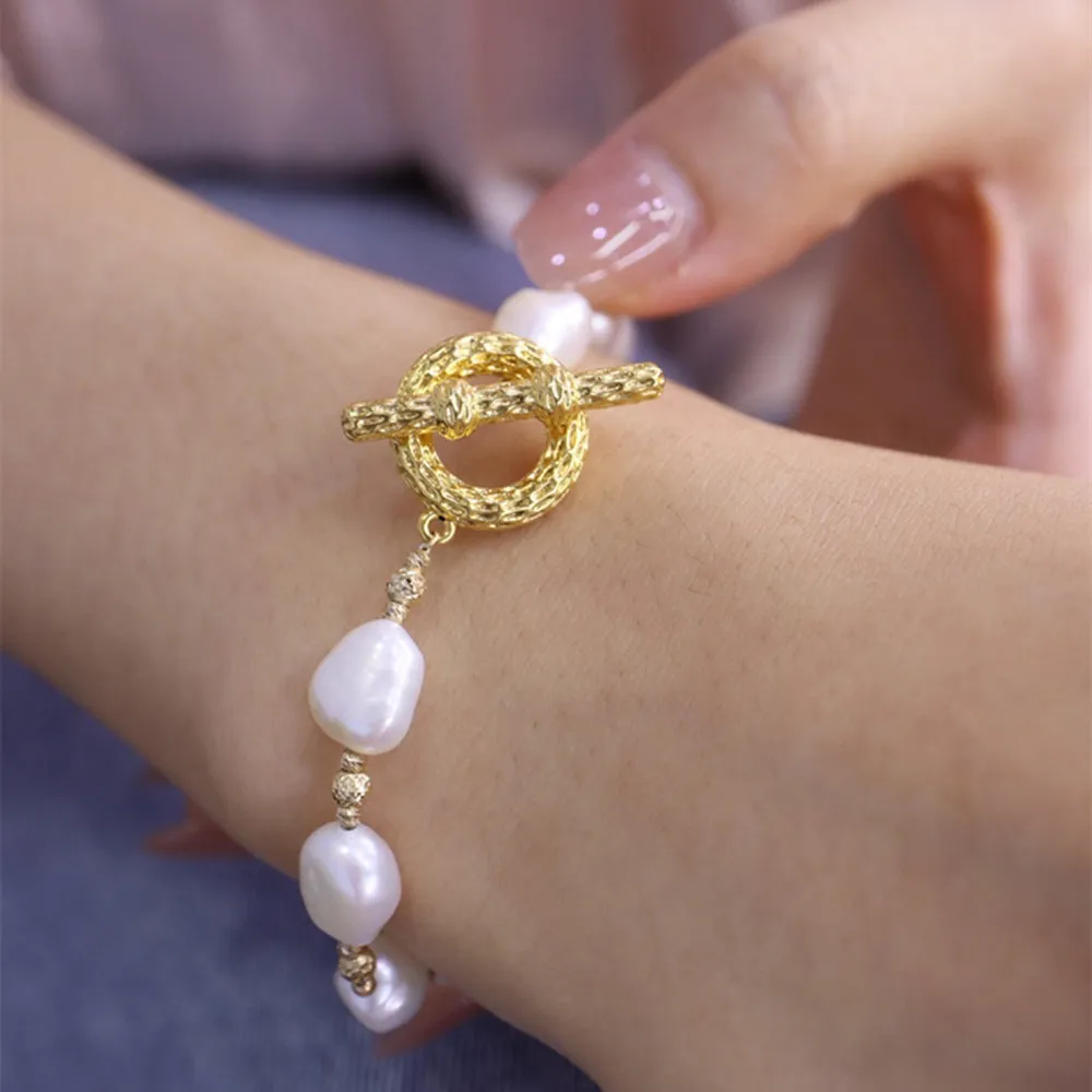 18K Solid Gold Natural Baroque Pearl Bracelet Bead Chain OT Clasp Elegant Jewelry