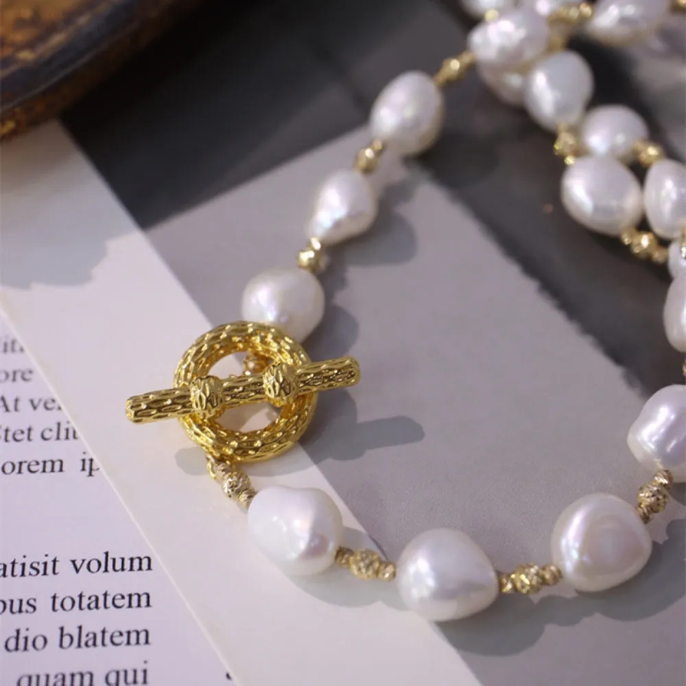 18K Solid Gold Natural Baroque Pearl Bracelet Bead Chain OT Clasp Elegant Jewelry