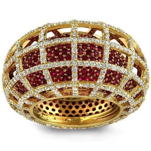 18K Solid Yellow Gold Diamond Grid Design Ruby Eternity Ring 7.50 Ctw