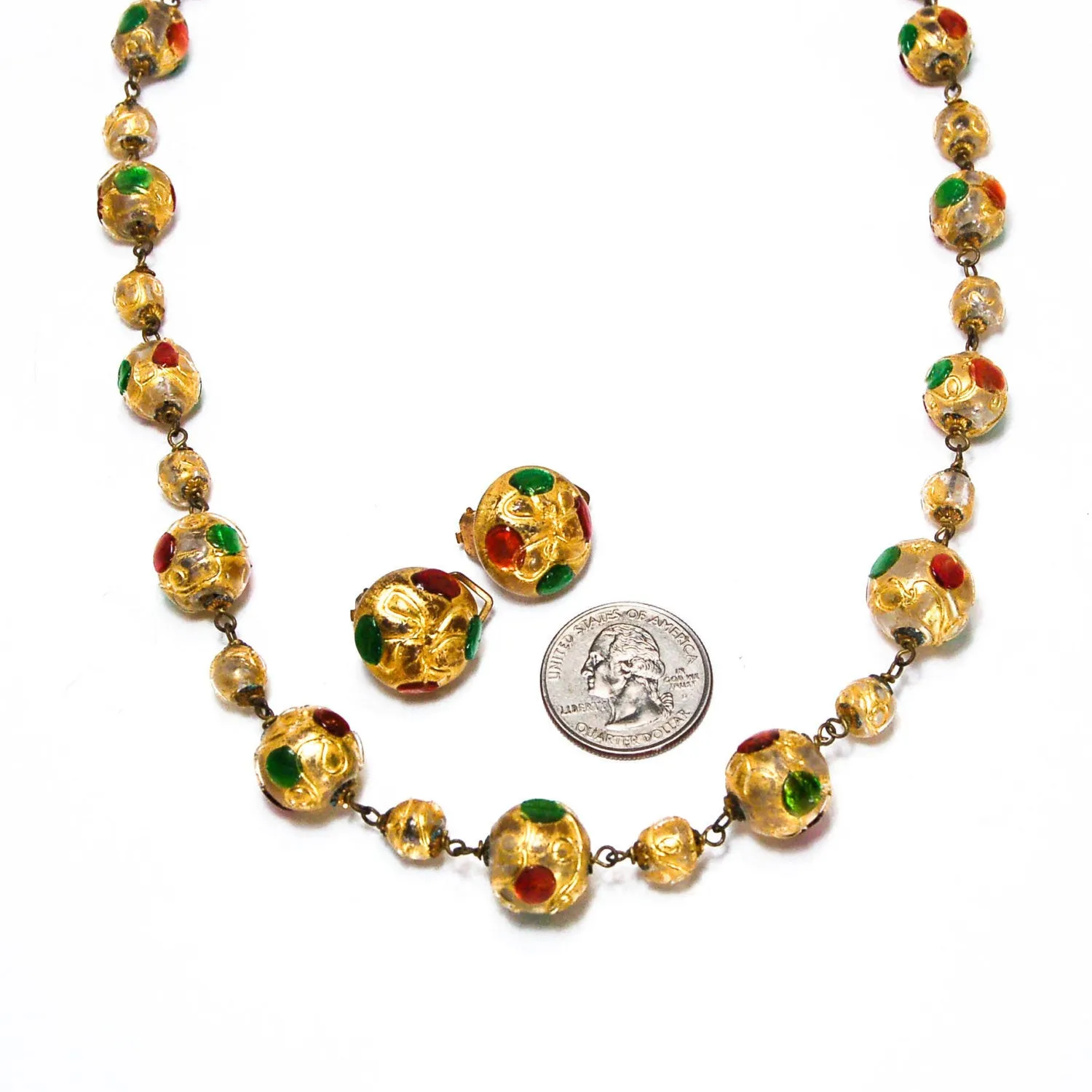 1940's Venetian Glass Bead Necklace and Earrings Set Golden Jewel Tones